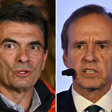 This combination of pictures created on August 17, 2025, Rodrigo Paz (L), Bolivia's presidential candidate for the Christian Democratic Party (PDC), speaking to his supporters following the results of the presidential election in La Paz, Bolivia on August 17, 2025, and Jorge "Tuto" Quiroga Ramirez, former Bolivian president and presidential candidate for the "Alianza Libre" (Free Alliance) coalition, speaking to his supporters following the results of the presidential election in La Paz on August 17, 2025. Jorge "Tuto" Quiroga, a right-wing former president, and Rodrigo Paz, a senator from Bolivia's richest regions, will go head-to-head in the country's presidential runoff in October after leading the first round of voting on August 17, 2025. (Photo by Aizar RALDES and Martin BERNETTI / AFP)<!-- NICAID(16103836) -->