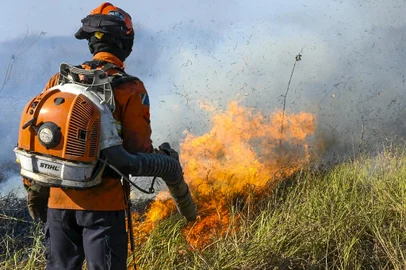 This handout photo released by the Mato Grosso do Sul Government shows a firefighter battling to control a wildfire at Pantanal Biome, in the region of Corumba, Mato Grosso do Sul State, Brazil on June 23, 2024. (Photo by Handout / Mato Grosso do Sul State Government / AFP) / RESTRICTED TO EDITORIAL USE - MANDATORY CREDIT "AFP PHOTO /  Mato Grosso so Sul Government" - NO MARKETING NO ADVERTISING CAMPAIGNS - DISTRIBUTED AS A SERVICE TO CLIENTSEditoria: DISLocal: PantanalIndexador: HANDOUTSecao: fireFonte: Mato Grosso do Sul State GovernmFotógrafo: Handout<!-- NICAID(15797411) -->