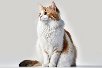 Advertisement cat sitting frontal isolated with white background. Generated by AI.Fonte: 577821920<!-- NICAID(15557152) -->