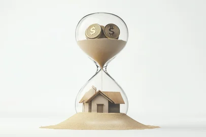 An hourglass with sand flowing, inside the glass is an outline of a sliver coins money in shape of sand, and at its bottom there's a house with sand. The background is white<!-- NICAID(16138724) -->