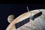Sonda Juno, da Nasa, sobrevoando Júpiter e próxima da lua Europa.<!-- NICAID(15242237) -->