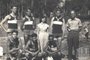 Arlindo Lermen (à direita, em pé) e o time de basquete da Sociedade Esportiva Incas Lake em janeiro de 1951, nas terras do Balneário Lermen: em pé, da esquerda para a direita, Manfro, Fontoura, a jovem Ivone Menegotto (madrinha) e Fardo. Agachados, Marcos, Azambuja e Vasquez.<!-- NICAID(15334192) -->