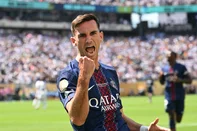 Paris Saint-Germain's Spanish midfielder #08 Fabian Ruiz celebrates scoring his team's first goal during the FIFA Club World Cup 2025 semifinal football match between France's Paris Saint-Germain and Spain's Real Madrid at the MetLife stadium in East Rutherford, New Jersey on July 9, 2025. (Photo by ANGELA WEISS / AFP)<!-- NICAID(16076788) -->