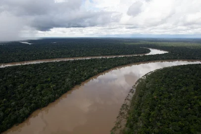 Aerial view taken from a Brazilian helicopter patroling an area of the municipality of Atalaia do Norte, state of Amazonas, Brazil, in the direction of the Itaquaí River, in the search for missing indigenist Bruno Pereira and journalist Dom Phillips, on June 10, 2022. - Authorities combing a remote corner of the Amazon for signs of a missing British journalist and Brazilian indigenous expert are investigating a patch of earth where something appears to have been buried, officials said Friday. Fears have been mounting over the fate of Dom Phillips, 57, a veteran contributor to The Guardian newspaper, and Bruno Pereira, 41, a respected specialist in indigenous peoples, since they disappeared Sunday after receiving threats during a research trip to Brazil's Javari Valley, a far-flung jungle region that has seen a surge of illegal fishing, logging, mining and drug trafficking. (Photo by Joao Laet / AFP)<!-- NICAID(15122259) -->