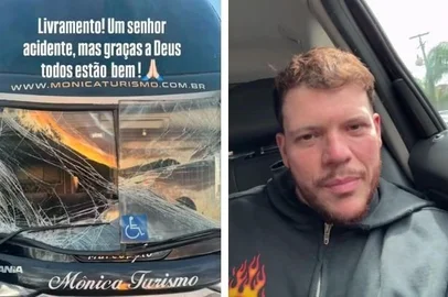 PORTO ALEGRE, RS, BRASIL, 20-04-2025, 10h00: Cantor Ferrugem publica foto de acidente com ônibus na BR-290, nas proximidades da Ponte do Guaíba, em Porto Alegre. (Foto: @Ferrugem/Instagram/Reprodução)