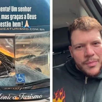 PORTO ALEGRE, RS, BRASIL, 20-04-2025, 10h00: Cantor Ferrugem publica foto de acidente com ônibus na BR-290, nas proximidades da Ponte do Guaíba, em Porto Alegre. (Foto: @Ferrugem/Instagram/Reprodução)