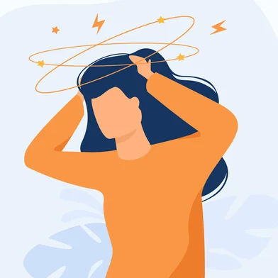 Sick person suffering from vertigo, feeling confused, dizzy and head ache. Flat vector illustration for stress, sickness symptoms, migraine, hangover conceptFonte: 379915491<!-- NICAID(15982745) -->