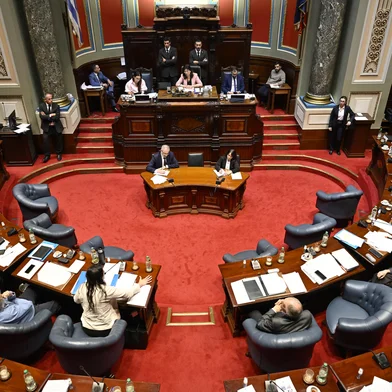 Senators debate a euthanasia bill at the Legislative Palace in Montevideo on October 15, 2025. (Photo by Santiago Mazzarovich / AFP)<!-- NICAID(16146678) -->