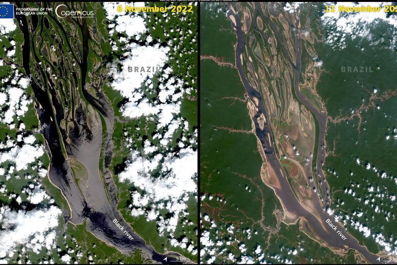 Seca no Rio Negro visto pelo satélite Sentinel2, da CapernicusEU. Imagem da esquerda mostra o rio em novembro de 2022 e, da direita, em novembro de 2023.<!-- NICAID(15603150) -->