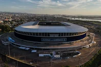 Foto aérea da Arena do Grêmio Porto Alegre, RS, Brasil, 02-03-2025: Arena do Grêmio: Jogo de ida da final do campeonato Gaúcho. Foto: Renan Mattos / Agência RBSLocal: Porto Alegre<!-- NICAID(15990305) -->