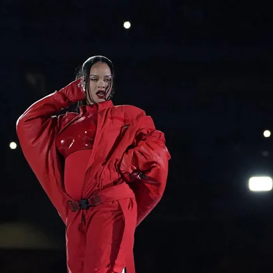 Barbadian singer Rihanna performs during the halftime show of Super Bowl LVII between the Kansas City Chiefs and the Philadelphia Eagles at State Farm Stadium in Glendale, Arizona, on February 12, 2023. (Photo by TIMOTHY A. CLARY / AFP)<!-- NICAID(15347770) -->