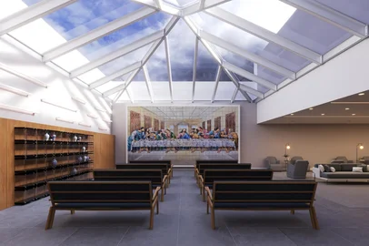 Imagens do projeto de memorial, cemitério vertical e cinerário da funerária Lovato, de Vacaria.<!-- NICAID(16232341) -->