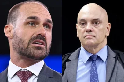 Colagem de fotos de Saul Loeb e Rosinei Coutinho / AFP/STF Eduardo Bolsonaro e Alexandre de Moraes.