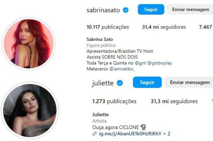 @sabrinasato @juliette Instagram / Reprodução @sabrinasato @juliette Instagram / Reprodução