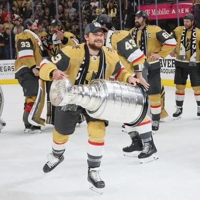Teddy Blueger #53 of the Vegas Golden Knights celebrates the Stanley Cup victory over the Florida Panthers in Game Five of the 2023 NHL Stanley Cup Final at T-Mobile Arena on June 13, 2023 in Las Vegas, Nevada