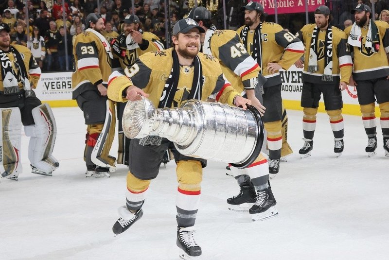 Teddy Blueger #53 of the Vegas Golden Knights celebrates the Stanley Cup victory over the Florida Panthers in Game Five of the 2023 NHL Stanley Cup Final at T-Mobile Arena on June 13, 2023 in Las Vegas, Nevada