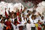South American champion SC Internacional of Brazil celebrate with the cup after defeating European champion FC Barcelona of Spain in the Club World Cup final soccer match in Yokohama near Tokyo Sunday inter,mundial,5 anos,comemoração