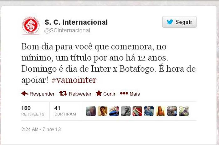 Inter provoca Grêmio pelo Twitter oficial e faz referência aos 12 anos sem títulos do tricolor | GZH Inter provoca Grêmio pelo Twitter oficial e faz referência aos 12 anos sem títulos do tricolor | GZH