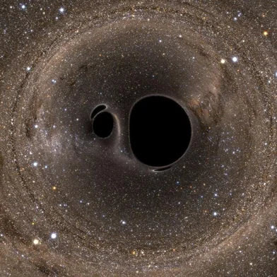 Um marco para a física e a astronomia: cientistas de vários países anunciaram nesta quinta-feira ter detectado ondas gravitacionais, ondulações do espaço-tempo que foram previstas por Albert Einstein há um século. A imagem mostra dois buracos negros se fundindo. 