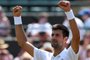  Serbias Novak Djokovic reacts after winning against Czech Republics Adam Pavlasek during their mens singles second round match on the fourth day of the 2017 Wimbledon Championships at The All England Lawn Tennis Club in Wimbledon, southwest London, on July 6, 2017.Djokovic won the match 6-2, 6-2, 6-1. / AFP PHOTO / Glyn KIRK / RESTRICTED TO EDITORIAL USEEditoria: SPOLocal: WimbledonIndexador: GLYN KIRKSecao: tennisFonte: AFPFotógrafo: STR