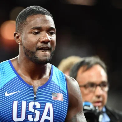 US athlete Justin Gatlin reacts after winning the final of the mens 100m athletics event at the 2017 IAAF World Championships at the London Stadium in London on August 5, 2017. / AFP PHOTO / Jewel SAMAD