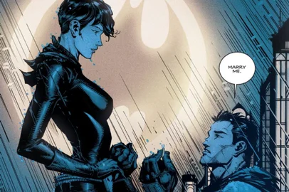 Cena da edição 24 de Batman, em que Bruce Wayne, o homem-morcego, pediu em casamento a Selina Kyle, a Mulher-gato. A trama foi escrita por Tom King e ilustrada por Mikel Janin