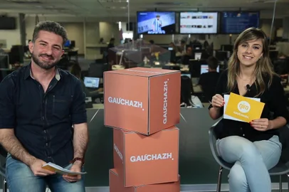 Gravação do Giro GaúchaZH, com Paulo Germano e Kelly Matos.