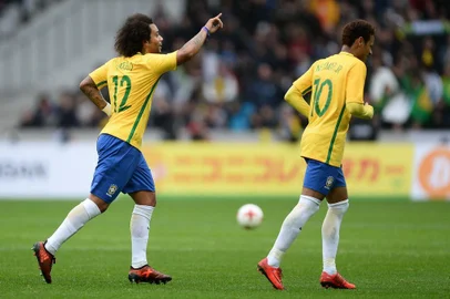Jogo amistoso Japão x Brasil, realizado no Estadio Pierre Mauroy em Lille na Franca, preparativo para a Copa da Russia de 2018. Seleção Brasileira. No lance, Marcelo