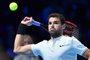  

Bulgaria's Grigor Dimitrov returns to Belgium's David Goffin during their men's singles final match on day eight of the ATP World Tour Finals tennis tournament at the O2 Arena in London on November 19, 2017. / AFP PHOTO / Glyn KIRK

Editoria: SPO
Local: London
Indexador: GLYN KIRK
Secao: tennis
Fonte: AFP
Fotógrafo: STR