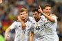 Germanys forward Timo Werner (L celebrate with Germanys midfielder Lars Stindl and Germanys midfielder Leon Goretzka after scoring during the 2017 Confederations Cup semi-final football match between Germany and Mexico at the Fisht Stadium in Sochi on June 29, 2017. / AFP PHOTO / Yuri CORTEZ