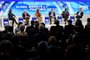  (From L) Nasdaq CEO and President Adena Friedman, Blackstone Chairman and CEO Stephen Schwarzman, Fox Business Network Anchor Maria Bartiromo, Bank of America Chaiman and CEO Brian Moynihan, Credit Suisse CEO Tidjane Thiam and Deutsche Post DHL CEO Frank Appel attend a session on the opening day of the World Economic Forum (WEF) 2018 annual meeting, on January 23, 2018 in Davos, eastern Switzerland. / AFP PHOTO / Fabrice COFFRINIEditoria: FINLocal: DavosIndexador: FABRICE COFFRINISecao: diplomacyFonte: AFPFotógrafo: STF