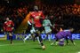 Manchester Uniteds Belgian striker Romelu Lukaku (C) reacts after scoring their fourth goal during the FA Cup fourth round football match between Yeovil Town and Manchester United at Huish Park in Yeovil, Somerset on January 26, 2018. / AFP PHOTO / - / RESTRICTED TO EDITORIAL USE. No use with unauthorized audio, video, data, fixture lists, club/league logos or live services. Online in-match use limited to 75 images, no video emulation. No use in betting, games or single club/league/player publications.  / 