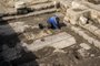  Workers from the Israeli Antiquity Authority (IAA) clean a rare Roman mosaic from the 2nd–3rd centuries at the Israeli Caesarea National Park on February 8, 2018.According to Dr. Peter Gendelman and Dr. Uzi Ad, directors of the excavation for the IAA: This colourful mosaic, measuring more than 3.5 x 8 meters, is of a rare high quality. It features three figures, multicoloured geometric patterns and a long inscription in Greek. / AFP PHOTO / JACK GUEZEditoria: ACELocal: CaesareaIndexador: JACK GUEZSecao: archaeologyFonte: AFPFotógrafo: STF