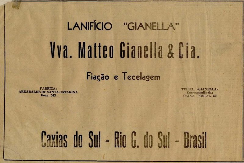 Anúncios publicados na primeira edição do jornal Pioneiro em 4 de novembro de 1948. Lanifício Gianella