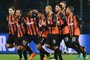 Shakhtar Donetsks players celebrate the goal scored by midfielder Fred (3L) during the UEFA Champions League round of 16 first leg football match between Shaktar Donetsk and AS Rome at the OSK Metalist Stadion in Kharkiv on February 21, 2018. / AFP PHOTO / GENYA SAVILOV