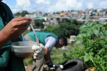  CAXIAS DO SUL, RS, BRASIL 06/03/2017A Vigilância Ambiental já identificou sete focos de mosquitos Aedes aegypti em menos de três semanas na Zona Norte de Caxias do Sul. Os agentes Cassiana da Silva e Marcos Vasconcellos fiscalizam a rua das Arapongas no bairro Canuon em Caxias do Sul. (Felipe Nyland/Agência RBS)