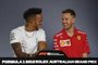 Mercedes British driver Lewis Hamilton (L) and Ferraris German driver Sebastian Vettel (R) attend a press conference at the Albert Park circuit in Melbourne on March 22, 2018, ahead of the Formula One Australian Grand Prix. / AFP PHOTO / WILLIAM WEST / --IMAGE RESTRICTED TO EDITORIAL USE - STRICTLY NO COMMERCIAL USE--