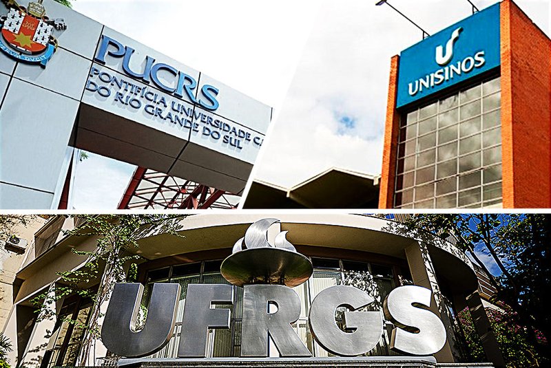 Detalhes das fachadas das universidades PUCRS, UFRGS e Unisinos.