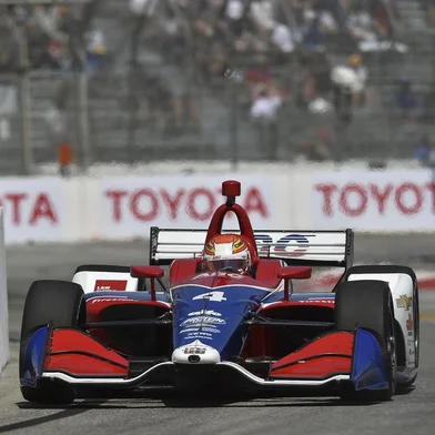 O piloto gaúcho Matheus Leist, da equipe A.J. Foyt, durante treino para o GP de Long Beach, palco da terceira etapa da temporada 2018 de Fórmula-Indy.
