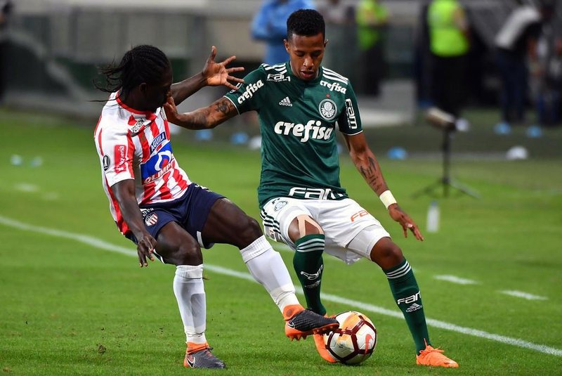Tche Tche (R) of Brazils Palmeiras, vies for the ball with Yimmi Chara of Colombias Junior, during their 2018 Copa Libertadores football match held at the Allianz Parque stadium, in Sao Paulo, Brazil, on May 16, 2018. / AFP PHOTO / NELSON ALMEIDA