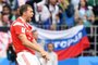  Russia's forward Artem Dzyuba celebrates after scoring their third goal during the Russia 2018 World Cup Group A football match between Russia and Saudi Arabia at the Luzhniki Stadium in Moscow on June 14, 2018. / AFP PHOTO / Kirill KUDRYAVTSEV / RESTRICTED TO EDITORIAL USE - NO MOBILE PUSH ALERTS/DOWNLOADSEditoria: SPOLocal: MoscowIndexador: KIRILL KUDRYAVTSEVSecao: soccerFonte: AFPFotógrafo: STF