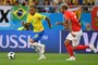  Brazil's forward Neymar (L) and Switzerland's midfielder Valon Behrami compete for the ball during the Russia 2018 World Cup Group E football match between Brazil and Switzerland at the Rostov Arena in Rostov-On-Don on June 17, 2018. / AFP PHOTO / Pascal GUYOT / RESTRICTED TO EDITORIAL USE - NO MOBILE PUSH ALERTS/DOWNLOADSEditoria: SPOLocal: Rostov-on-DonIndexador: PASCAL GUYOTSecao: soccerFonte: AFPFotógrafo: STF
