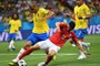  Brazil's defender Miranda (L) and Switzerland's midfielder Blerim Dzemaili compete for the ball during the Russia 2018 World Cup Group E football match between Brazil and Switzerland at the Rostov Arena in Rostov-On-Don on June 17, 2018. / AFP PHOTO / JOE KLAMAR / RESTRICTED TO EDITORIAL USE - NO MOBILE PUSH ALERTS/DOWNLOADSEditoria: SPOLocal: Rostov-on-DonIndexador: JOE KLAMARSecao: soccerFonte: AFPFotógrafo: STF