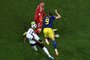  Germany's goalkeeper Manuel Neuer (C) saves a shot from Sweden's forward Marcus Berg (R) during the Russia 2018 World Cup Group F football match between Germany and Sweden at the Fisht Stadium in Sochi on June 23, 2018. / AFP PHOTO / Jewel SAMAD / RESTRICTED TO EDITORIAL USE - NO MOBILE PUSH ALERTS/DOWNLOADSALERTS/DOWNLOADSEditoria: SPOLocal: SochiIndexador: JEWEL SAMADSecao: soccerFonte: AFPFotógrafo: STF