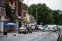Cena pós-tiroteio na ciade de Manchester, na Inglaterra, na Claremont Road, no bairro de Moss Side 