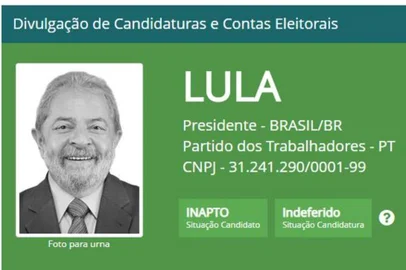 No site do TSE, registro de Lula para a Presidência da República foi atualizado como inapto e indeferido em 1º de setembro. No dia 31 de agosto, por 6 x 1, o TSE barrou a candidatura