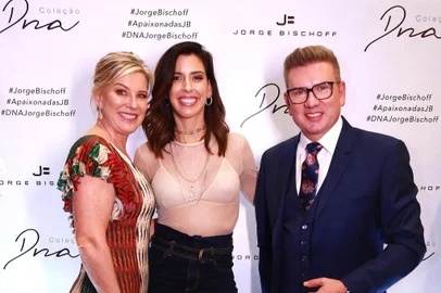 Jorge Bischoff celebra 15 anos de carreira com lançamento de nova coleção em Fortaleza. Na foto: Vice-presidente do Bischoff Group, Luciane Bischoff, influencer Camila Coutinho e designer Jorge Bischoff.