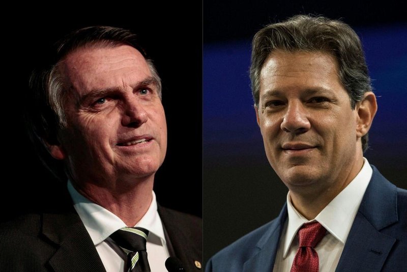  (COMBO) This combination of file pictures created on October 08, 2018 shows Brazilian presidential candidates Jair Bolsonaro (L) (PSL) in Sao Paulo, Brazil, on June 18, 2018 and Fernando Haddad (PT) in Rio de Janeiro, Brazil on October 04, 2018. A deeply polarized Brazil stood at a political crossroads on october 8, 2018 as the bruising first round of the presidential election left voters with a stark choice in the run-off between far-right firebrand Jair Bolsonaro and leftist Fernando Haddad. Bolsonaro won 46 percent of the vote to Haddads 29 percent, according to official results. / AFP PHOTO / Miguel SCHINCARIOL AND Daniel RAMALHOEditoria: POLLocal: Rio de JaneiroIndexador: MIGUEL SCHINCARIOLSecao: political candidatesFonte: AFPFotógrafo: STR
