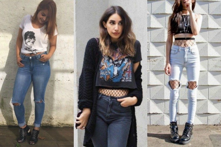 calça jeans destroyed com meia arrastão