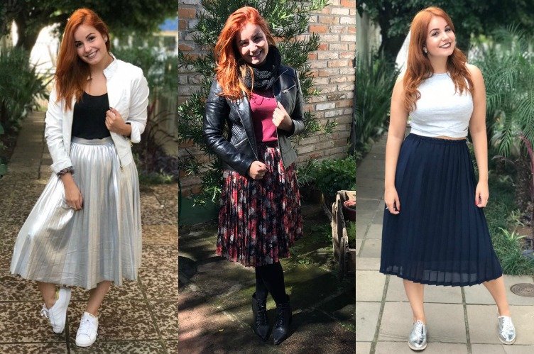 look saia plissada e tenis